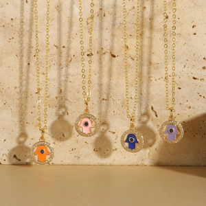 Hamsa Hand necklaces in orange, pink, blue, purple with white zircon and gold chain