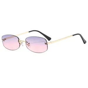Frameless vintage sunglasses with purple gradient lenses and slim gold metal temples