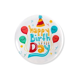White tinplate Happy Birthday badge with colorful balloon graphics on white background