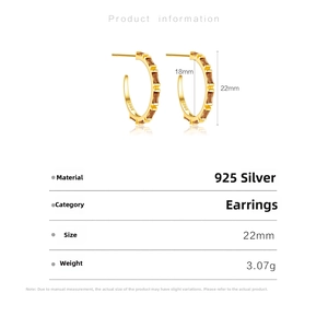 Detailed view of S925 silver C-shape earrings with brown stones and size specifications