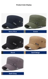 Detailed flat lay of cotton flat top caps in navy, green, black, beige, and dark grey