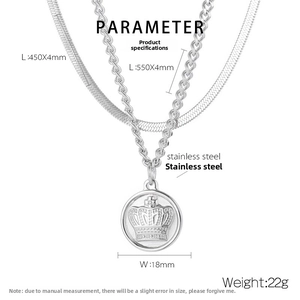 Detailed specs for layered stainless steel snake and twist chains with crown pendant