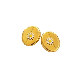 Golden oval stud earrings with white daisy design in polished stainless steel