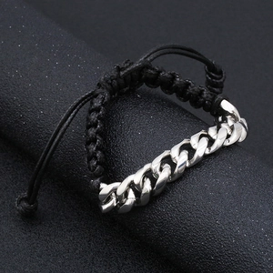 Adjustable stainless steel Cuban chain bracelet with black woven rope in hip hop style