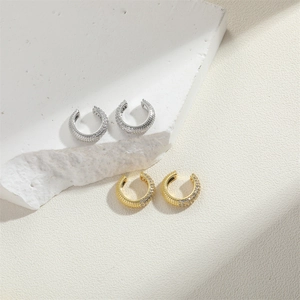 French vintage 14K gold and silver plated ear cuffs with zircon geometric pavé design