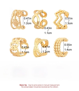 Size chart showing 6 styles of gold C-shaped ear cuffs with dimensions in cm and inches