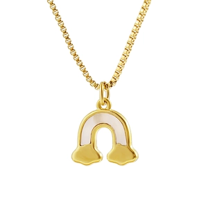 Gold box chain necklace with white mother-of-pearl rainbow and cloud pendant