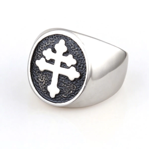 Silver and black stainless steel signet ring with Lorraine cross symbol for men and women