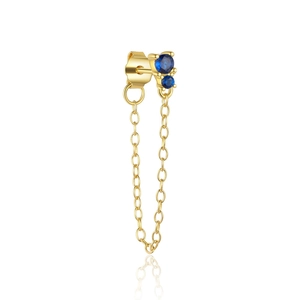 Detail of s925 silver gold stud earrings with blue heart zircon and dangling chain