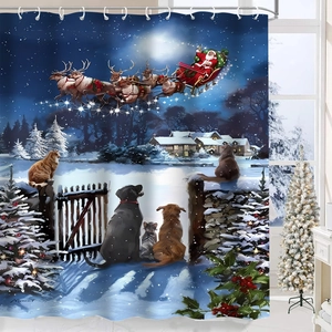 Detail of Christmas shower curtain with Santa sleigh illustration and dog scenes