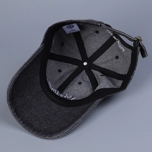 Macro detail of the denim baseball cap interior with sweatband and adjustable buckle