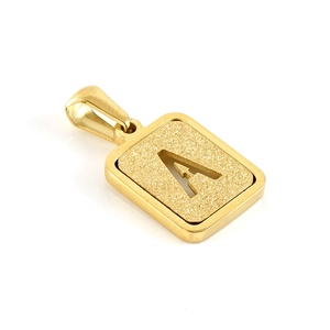 Polished 18K gold-plated stainless steel rectangular pendant with frosted letter A design