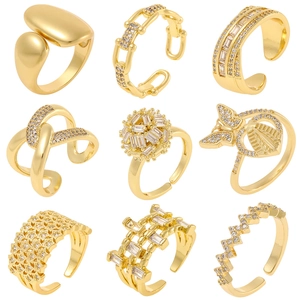 French Style Copper Zirconia Inlaid Open Ring Geometric Gold Plated Adjustable Band For Women Luxury Jewelry Gift