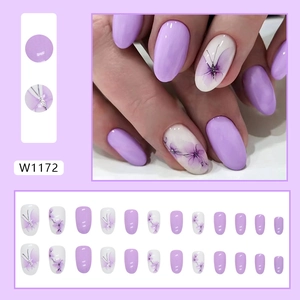 Elegant lavender butterfly and floral press-on nails set with 24 oval nail tips