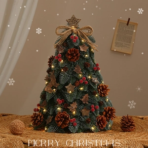 Mini pre-lit DIY desktop Christmas tree with natural pinecones and warm LED lights