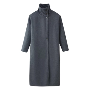 Minimalistischer dunkelgrauer Wollmantel für Damen mit Stehkragen und langer Passform
