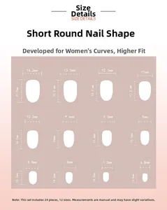 Detailed size chart showing 12 dimensions for short oval press-on nails in 24-piece set