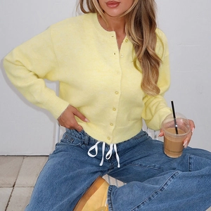 Women Knitted Cardigan Long Sleeve Round Neck Cropped Single Breasted Solid Color Acrylic Rayon Polyester Sweater Top