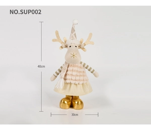 Macro view showing 40cm height dimension of festive plush reindeer doll with golden boots