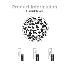 Detail showing cow print bucket hat specifications including fabric thickness and softness