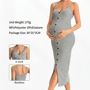 Maternity Striped Ribbed Knit Camisole Dress V Neck Sleeveless Side Split Slim Fit Backless Midi Summer Sundress