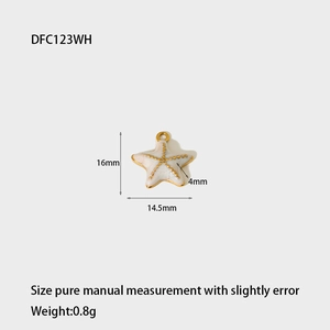 Detailed view of a white starfish charm with gold trim and measurement specifications