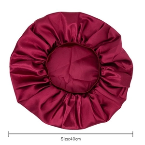 Extra large 40cm burgundy satin sleep cap with wide elastic band for hair care