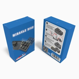 Detailed view of Miracle Dice magic set packaging with instructions and six black dice