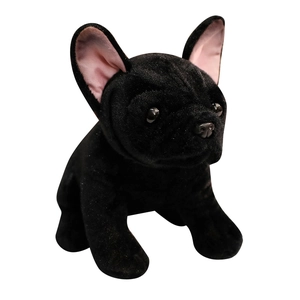 Cute black French Bulldog plush toy with pink ears and soft fabric on white background