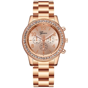 Rose gold Geneva women's fashion quartz watch with diamond bezel and metal link bracelet
