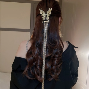 Détail d'une pince à cheveux papillon dorée avec de longs glands en strass sur cheveux
