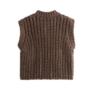 Deep brown chunky knit sleeveless vest sweater featuring a retro round neck back view