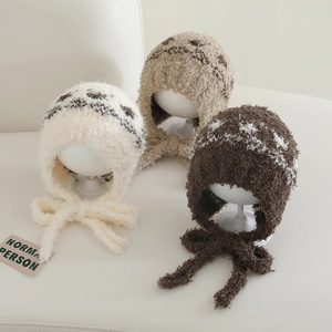 Winter plush ear protection hat with ethnic jacquard and cozy tie-strap in three colors