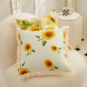 Pair of luxury linen pillows with digital sunflower prints and beige tassel edges