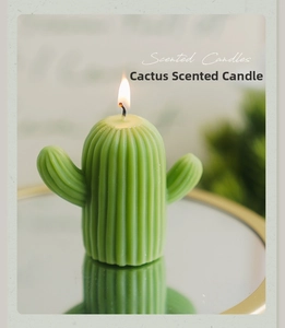 Gros plan d'une bougie parfumée en forme de cactus allumée sur un plateau miroir doré
