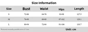 Size chart table with measurements for bust, waist, and hips of the elegant backless dress