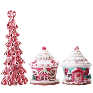 Three-piece glowing gingerbread house and candy tree set for Christmas home decor