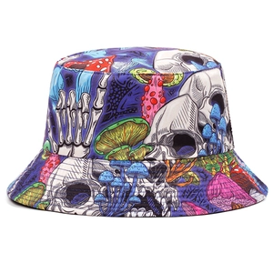 Detailed view of colorful street style bucket hat with skull and mushroom graffiti patterns