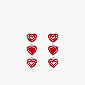 925 Sterling Silver Triple Heart Dangle Earrings Red Enamel Long Sweet Romantic Jewelry For Women