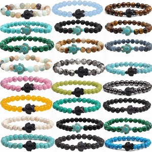 Turtle Charm Natural Stone Bead Bracelet Healing Energy Yoga Elastic Jewelry Boho Ethnic Style Men Women
