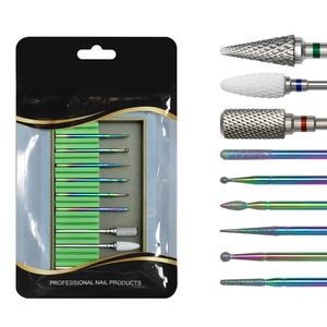 Close-up of professional 10-piece nail drill bits set featuring ceramic and alloy tips