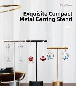 Three minimalist T-shape metal earring display stands in gold silver and black finishes