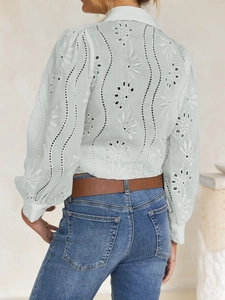 Close-up of light blue hollow embroidery on long lantern sleeve casual blouse