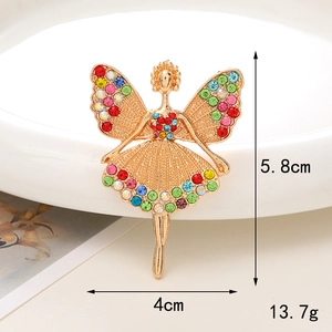 Detailed view of colorful rhinestone ballerina brooch showing 5.8cm size and gold plating