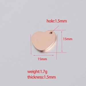 15mm rose gold heart pendant in stainless steel with detailed product dimensions