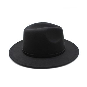 Close-up of black wool felt fedora hat featuring a teardrop crown and thin matching band
