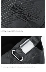 Detail showing the Sport embroidery and adjustable metal buckle on a camo baseball cap