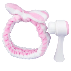 2-in-1 silicone facial cleaning brush with a pink striped bow spa headband set