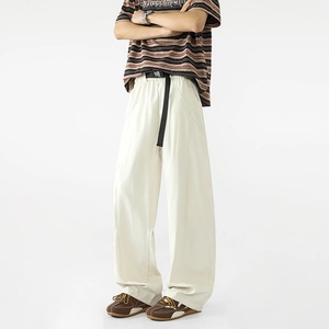Pantalones casuales anchos de color blanco crema para hombre y mujer con cordón largo negro