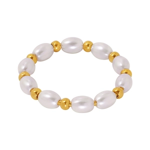 Handmade stainless steel ring with white shell beads and 18K gold plated metal beads